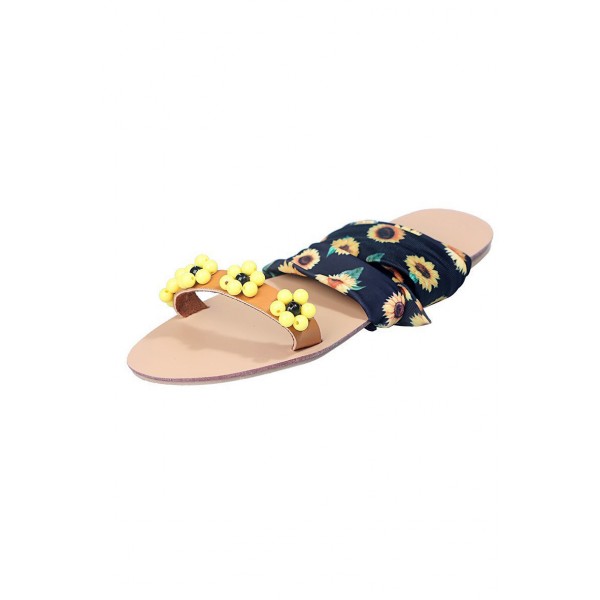 Yellow Floral Printed Straps Open Toe Flat Sandals