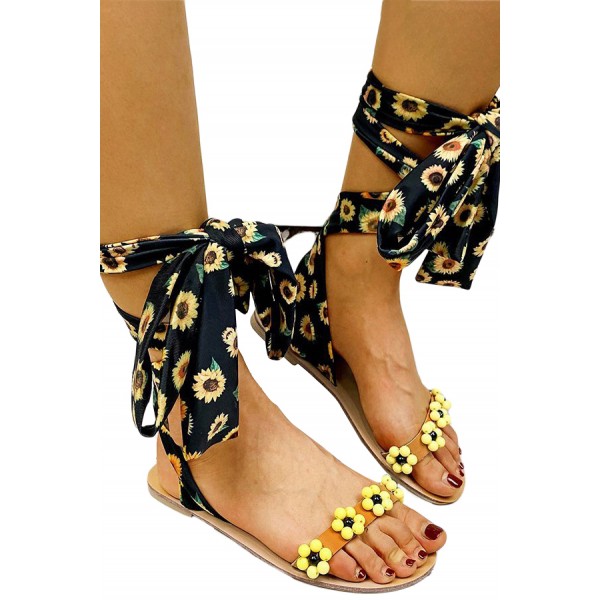 Yellow Floral Printed Straps Open Toe Flat Sandals