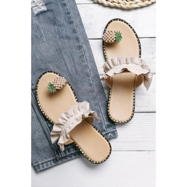 Beige Pineapple Pattern Toe Ring Casual Sandals