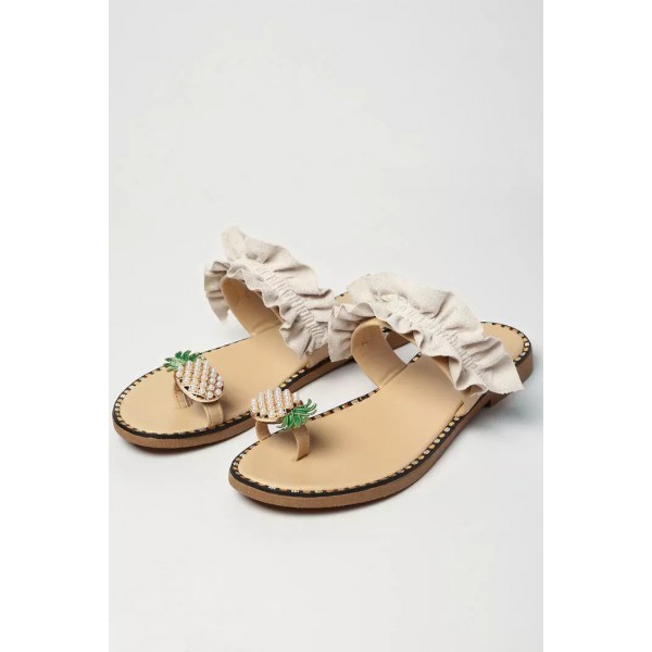 Beige Pineapple Pattern Toe Ring Casual Sandals