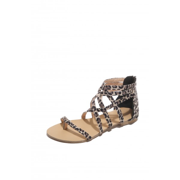 Leopard Summer Cross-Tied Zipper Flat Sandals