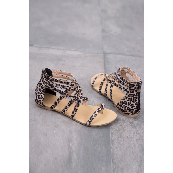 Leopard Summer Cross-Tied Zipper Flat Sandals
