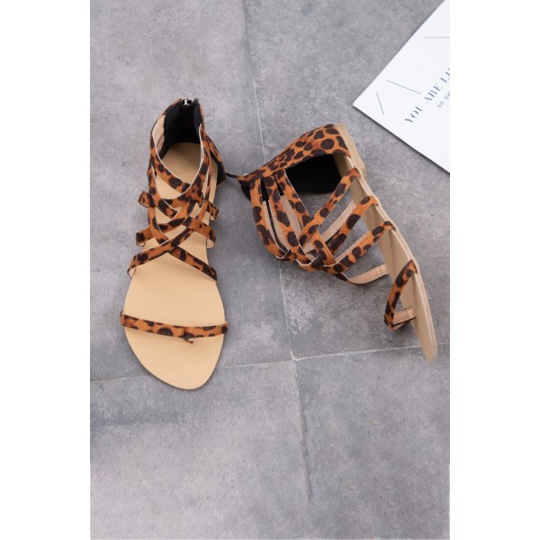 Brown Leopard Summer Cross-Tied Zipper Flat Sandals