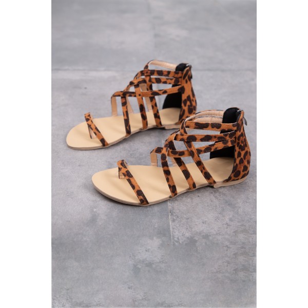Brown Leopard Summer Cross-Tied Zipper Flat Sandals