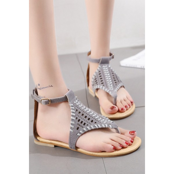 Gray Hollow Out Ankle Strap Flat Sandals
