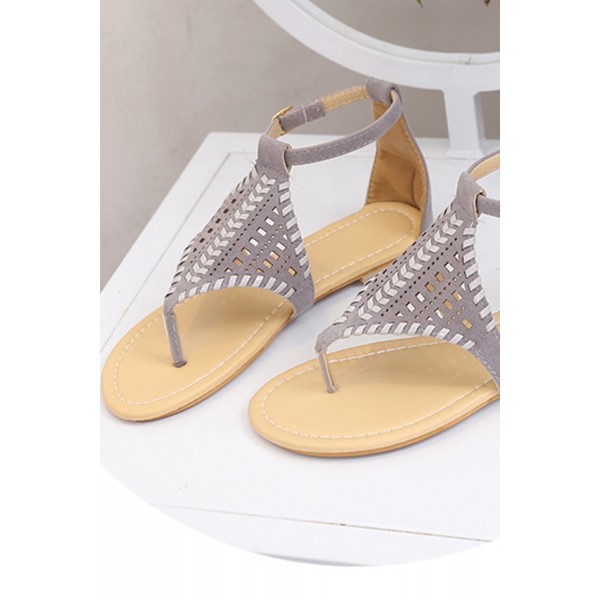 Gray Hollow Out Ankle Strap Flat Sandals