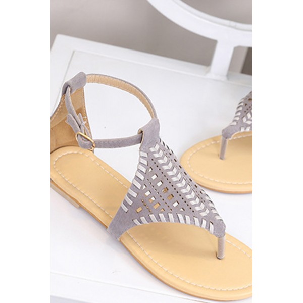 Gray Hollow Out Ankle Strap Flat Sandals