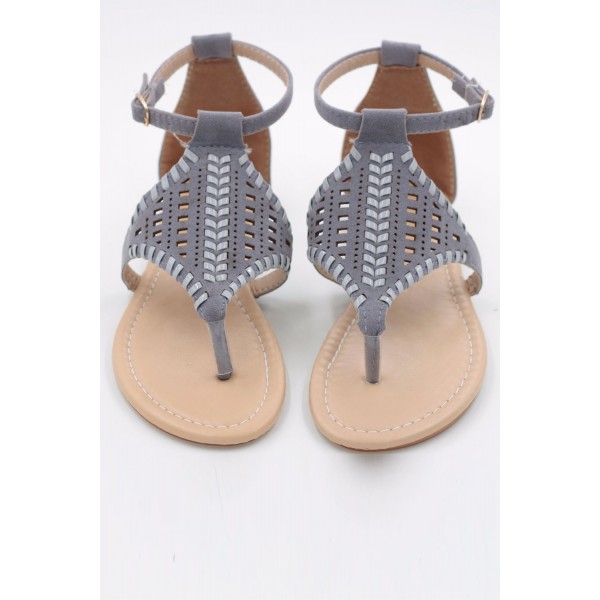 Gray Hollow Out Ankle Strap Flat Sandals