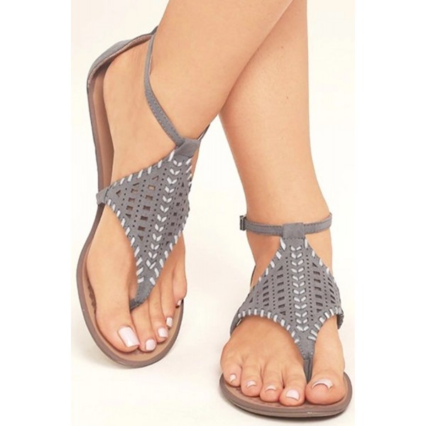 Gray Hollow Out Ankle Strap Flat Sandals
