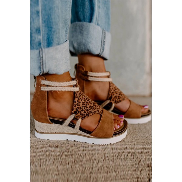 Roman Leopard Open Toe Wedge Heel Sandals