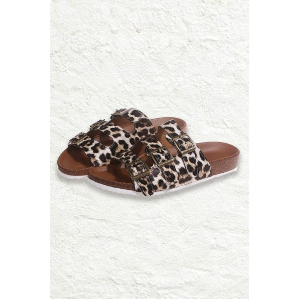 Triple Buckles Leopard Flat Sandals
