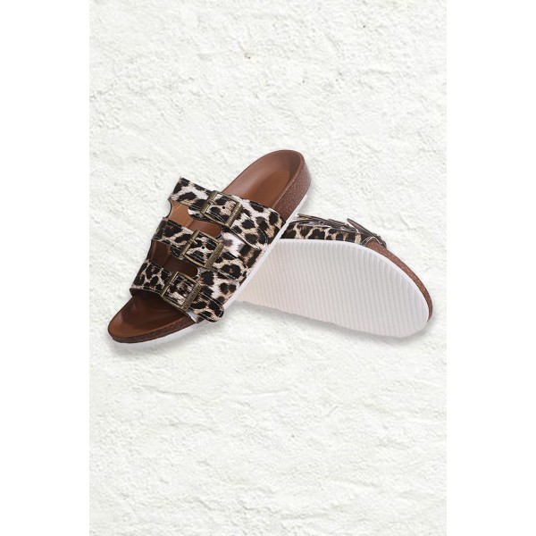 Triple Buckles Leopard Flat Sandals