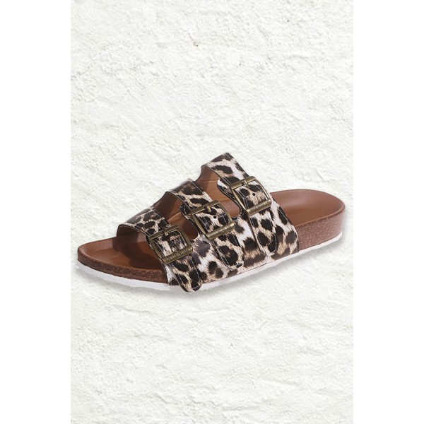 Triple Buckles Leopard Flat Sandals