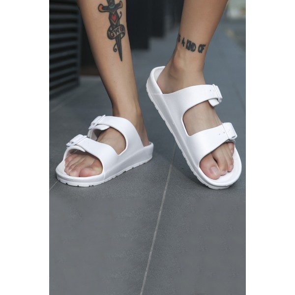 White Two Straps Buckled Sandals