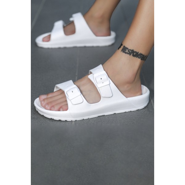 White Two Straps Buckled Sandals