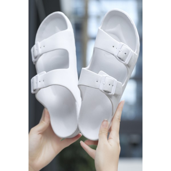 White Two Straps Buckled Sandals
