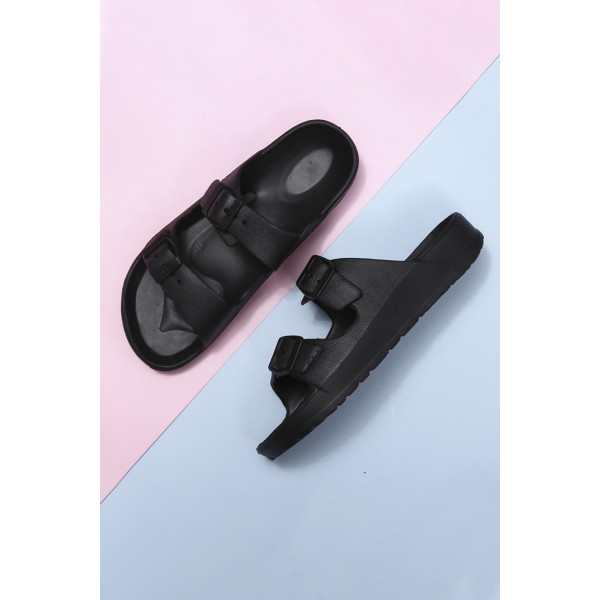 Black Two Straps Buckled Sandals