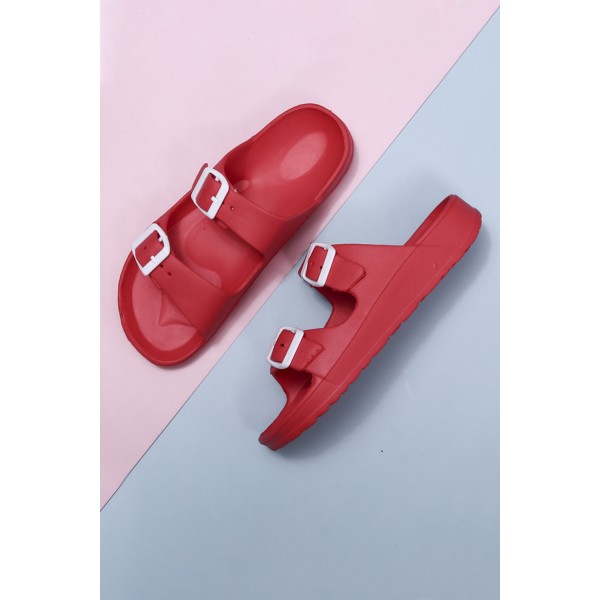 Red Two Straps Buckled Sandals