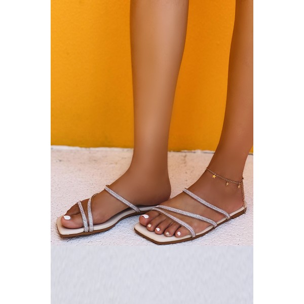 Rhinestoned Straps Square Toe Slip-on Flat Sandals
