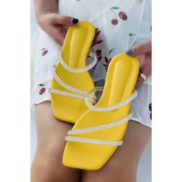 Yellow Rhinestoned Straps Square Toe Slip-on Flat Sandals