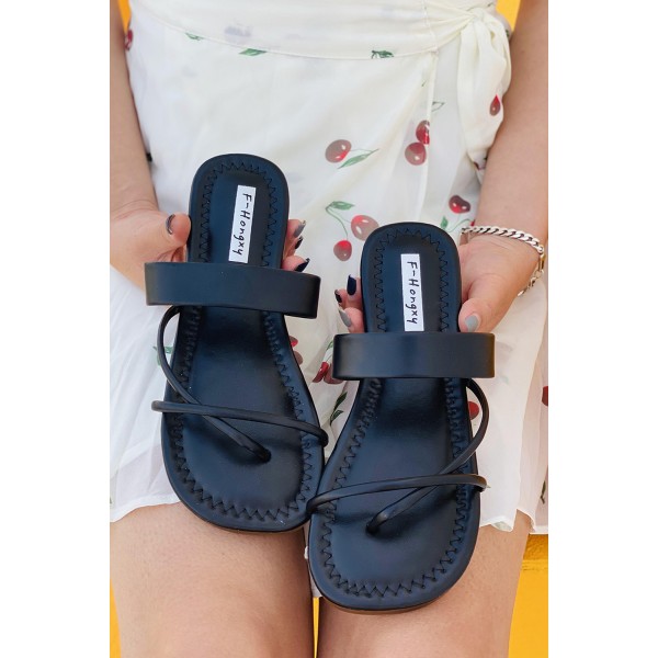 Black Faux Leather Slip-on Sandals