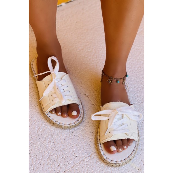 White Lace Up Open Toe Canvas Sandals