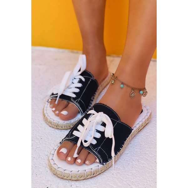Black Lace Up Open Toe Canvas Sandals
