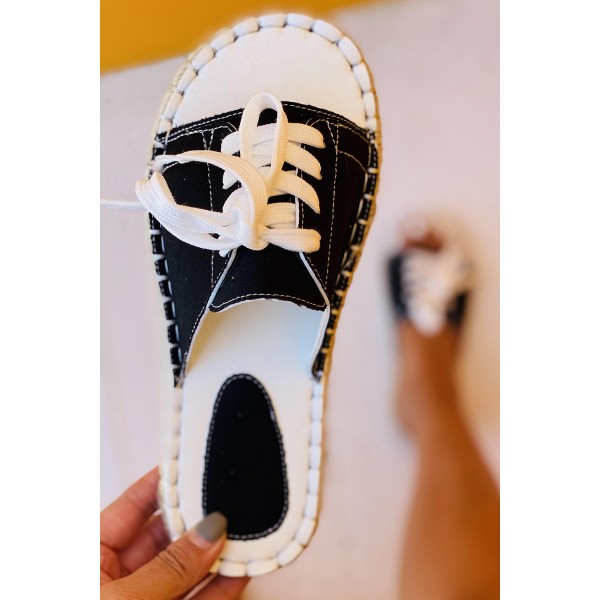 Black Lace Up Open Toe Canvas Sandals