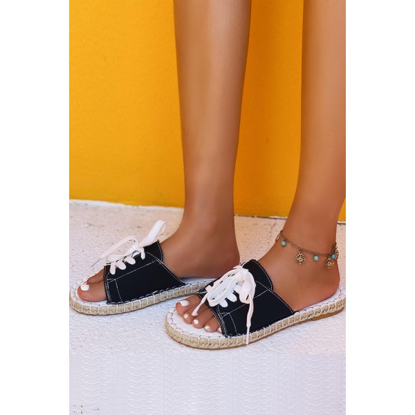 Black Lace Up Open Toe Canvas Sandals