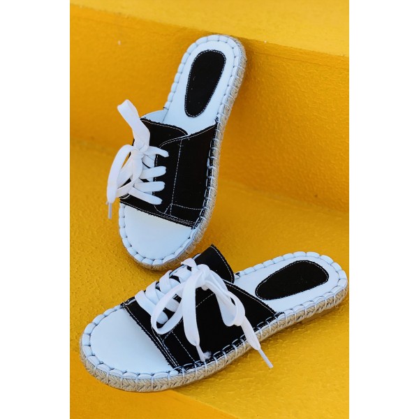 Black Lace Up Open Toe Canvas Sandals