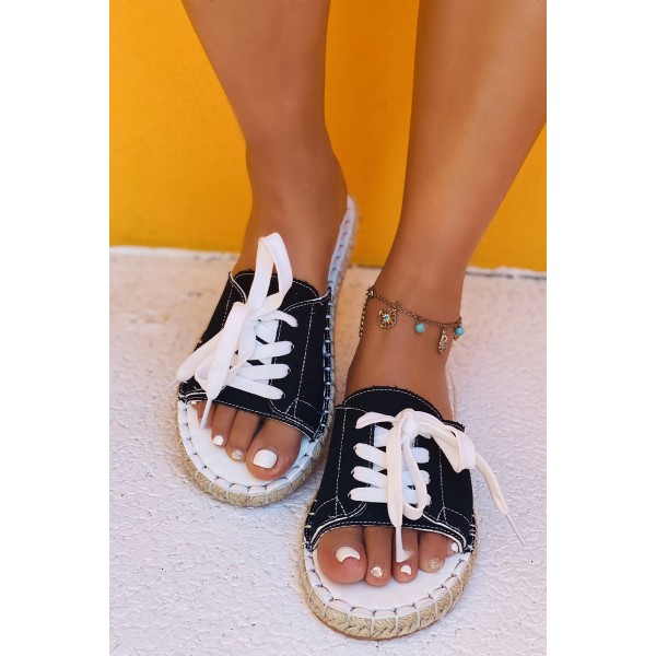 Black Lace Up Open Toe Canvas Sandals