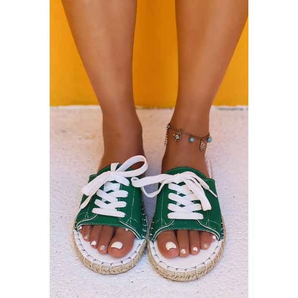 Green Lace Up Open Toe Canvas Sandals
