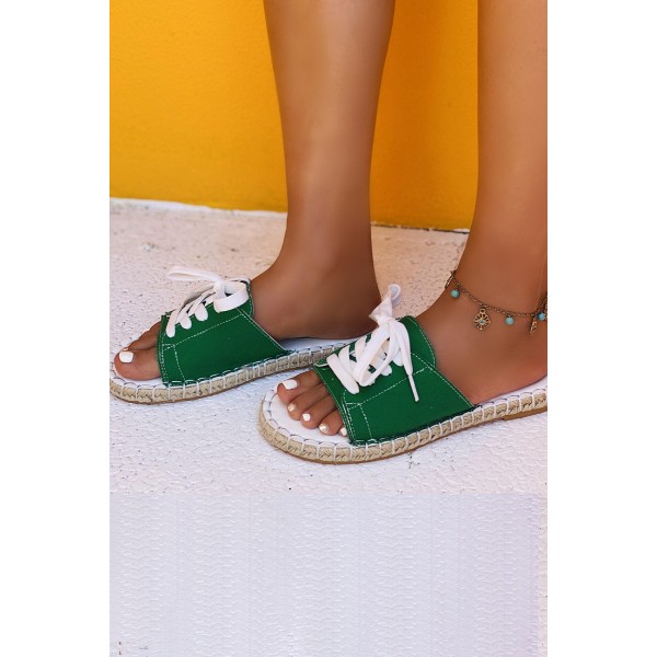 Green Lace Up Open Toe Canvas Sandals