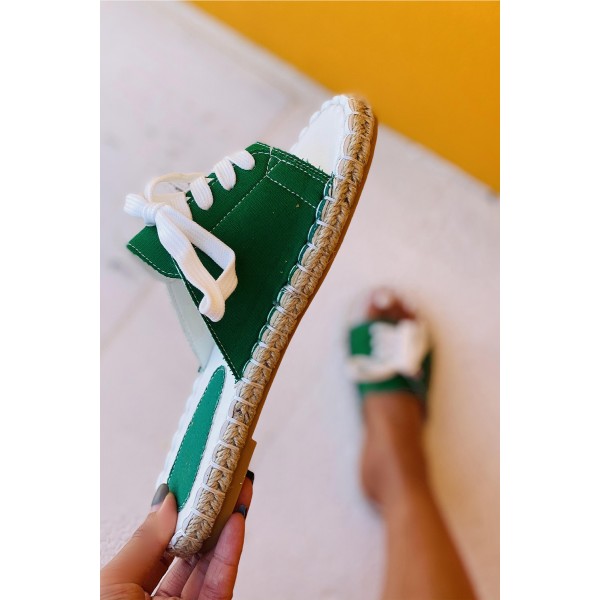 Green Lace Up Open Toe Canvas Sandals