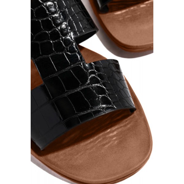 Black Alligator Skin Faux Leather Open Back Flat Sandals