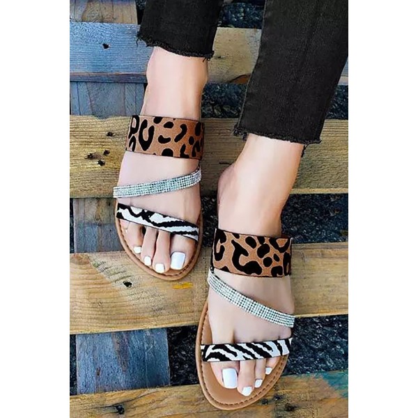 Leopard Printed Rhinestone Flat Sandals