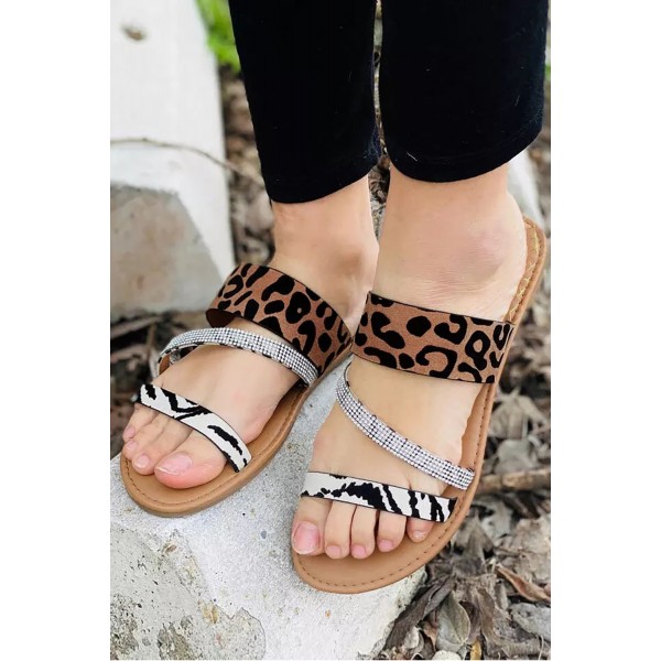 Leopard Printed Rhinestone Flat Sandals