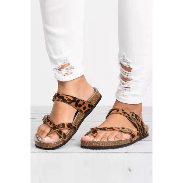 Leopard Straps Buckled Flat Sandals