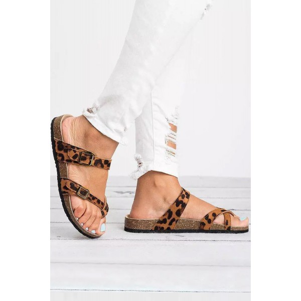 Leopard Straps Buckled Flat Sandals