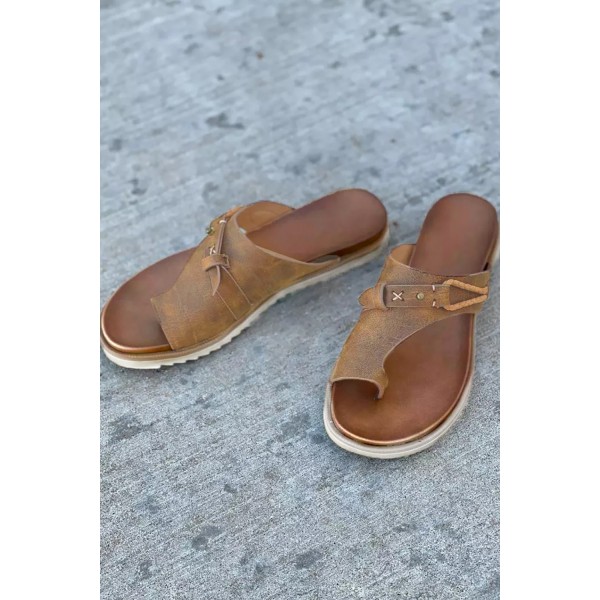 Brown Faux Leather Slip On Sandals