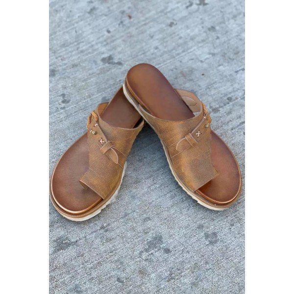 Brown Faux Leather Slip On Sandals