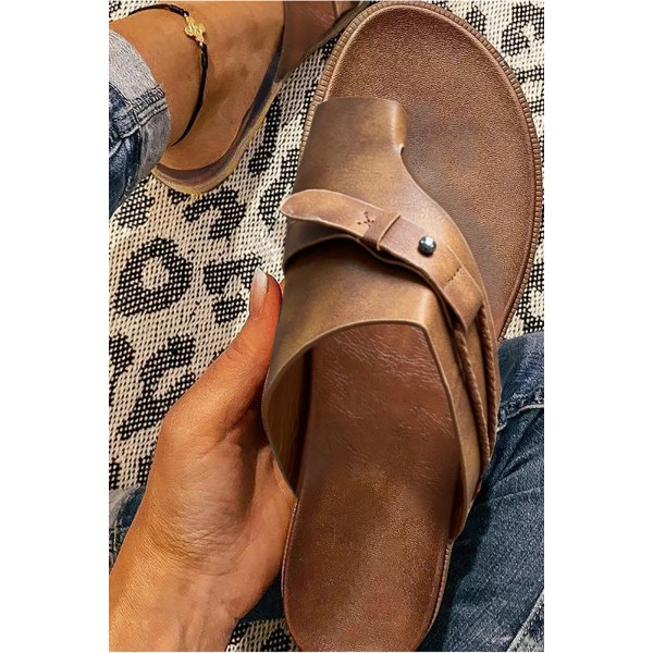 Brown Faux Leather Slip On Sandals