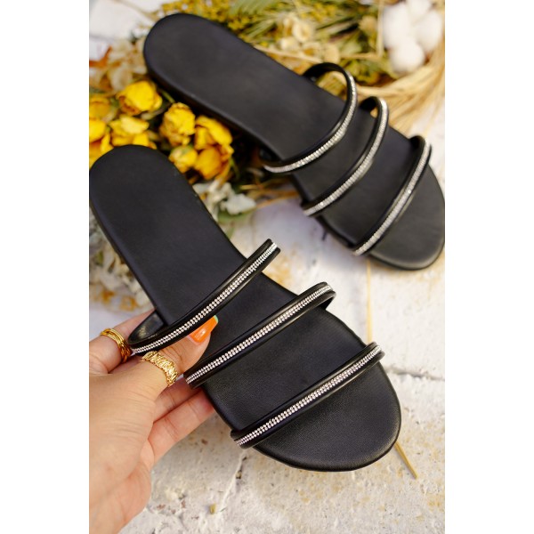 Black Rhinestone Straps Flat Sandals