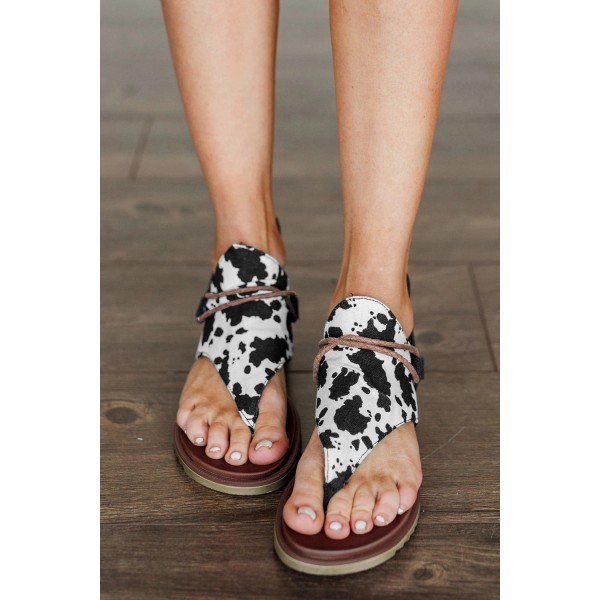 Cow Print Flip-Flops Hemp Rope Zipper Sandals