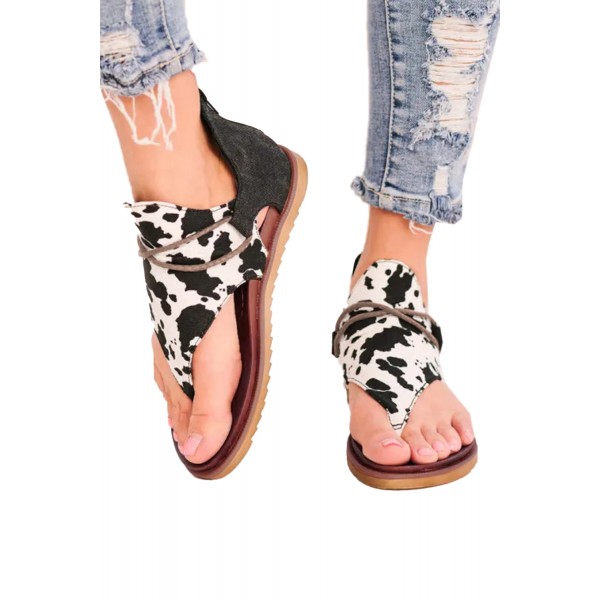 Cow Print Flip-Flops Hemp Rope Zipper Sandals