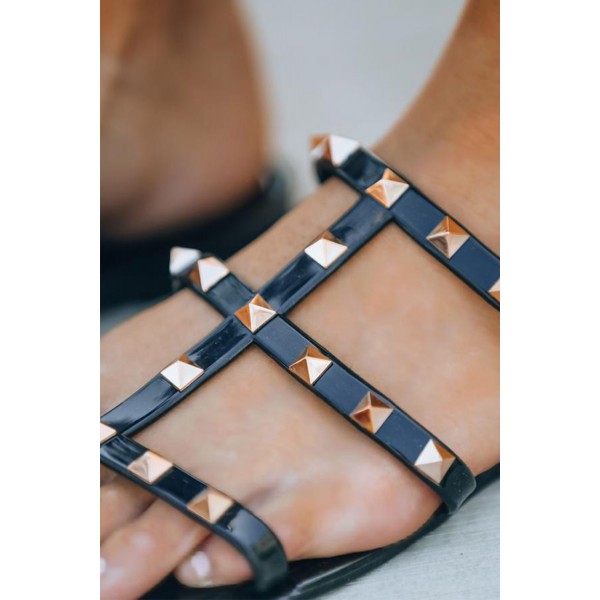 Black Gladiator Gold Studded Sandals