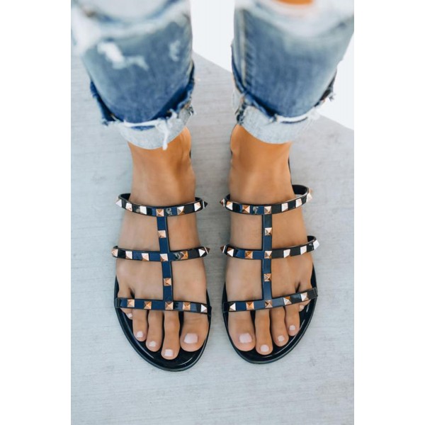 Black Gladiator Gold Studded Sandals