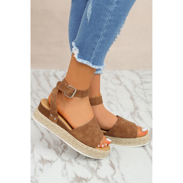Brown Open Toe Ankle Strap Buckle PU Thick Bottom Wedge Sandals