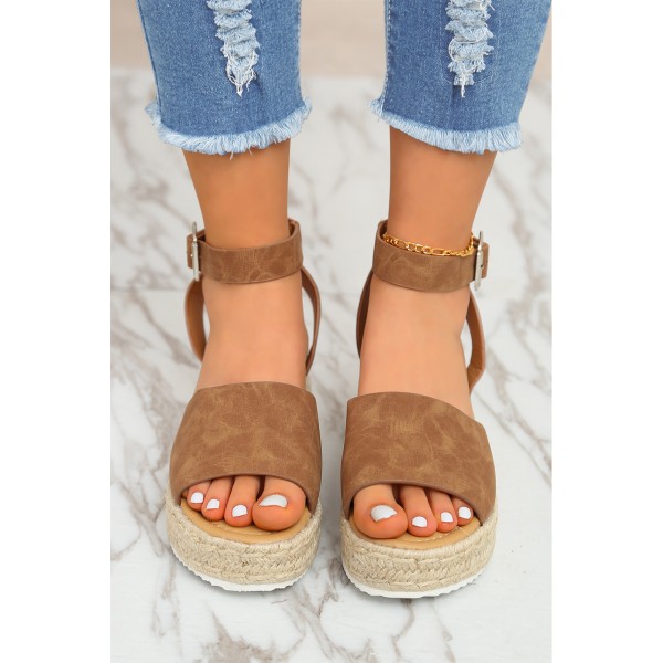 Brown Open Toe Ankle Strap Buckle PU Thick Bottom Wedge Sandals