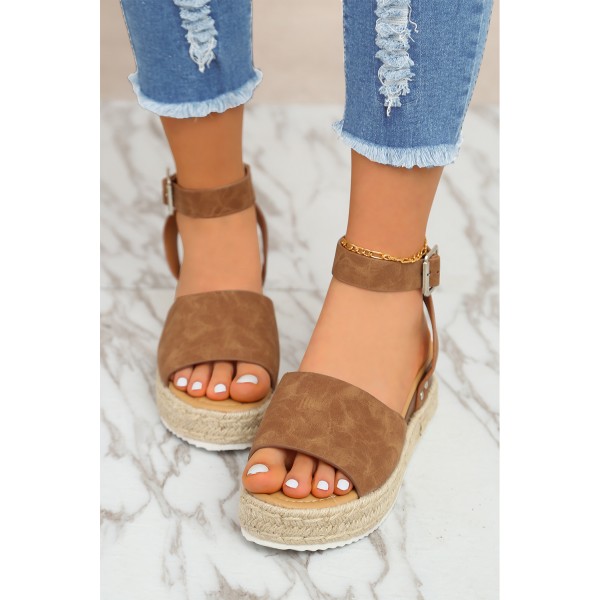 Brown Open Toe Ankle Strap Buckle PU Thick Bottom Wedge Sandals